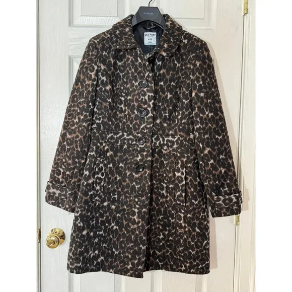 Old Navy Women’s Wool Blend Leopard Pea Coat Size M Peter Pan Collar Lined Retro - Picture 2 of 11